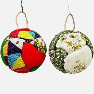 Vintage Quilted Patchwork Fabric Ball Christmas Ornament Set of 2 Boho Rustic